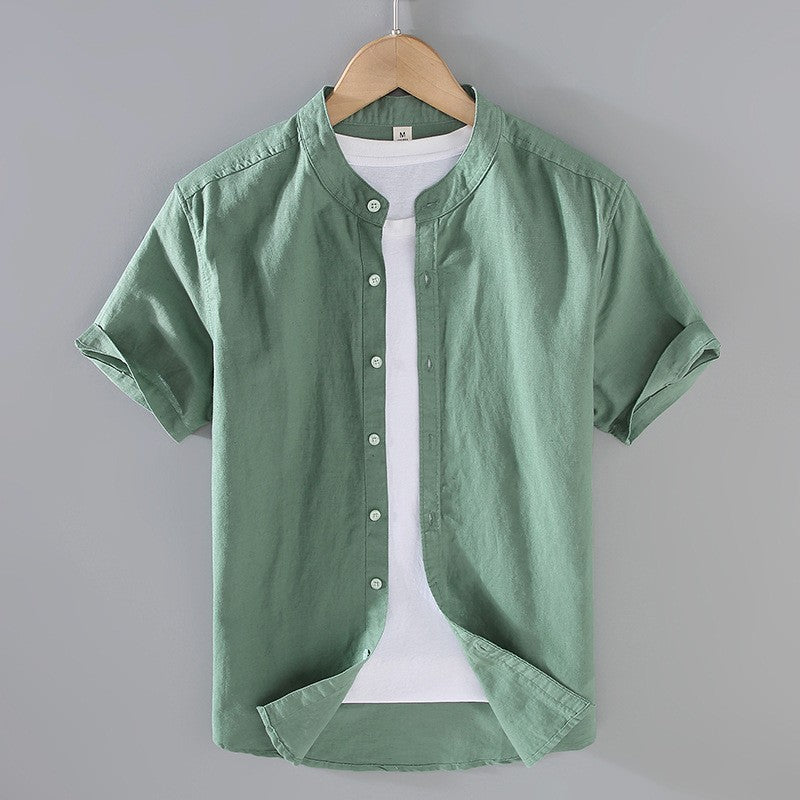 Chemise en lin homme — col mao manches courtes — vêtements décontractés plage