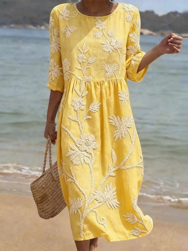 Vestito midi da donna con ricamo floreale, collo rotondo, comodo
