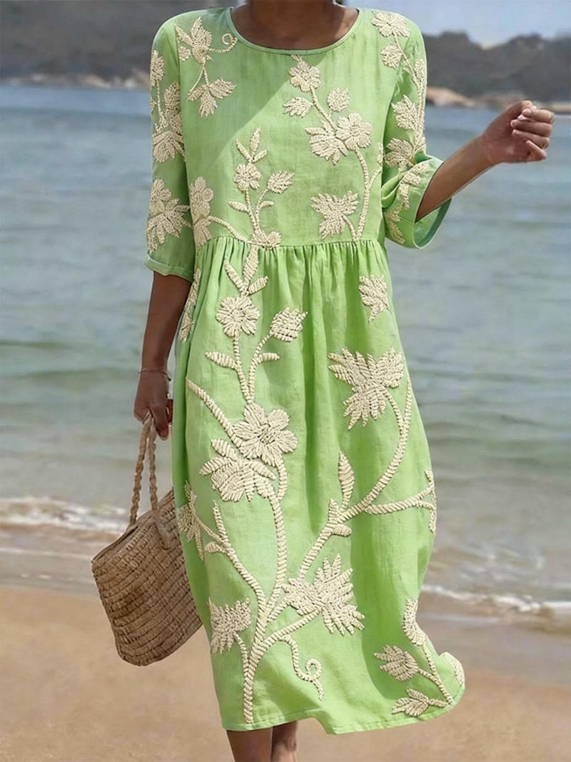 Vestito midi da donna con ricamo floreale, collo rotondo, comodo