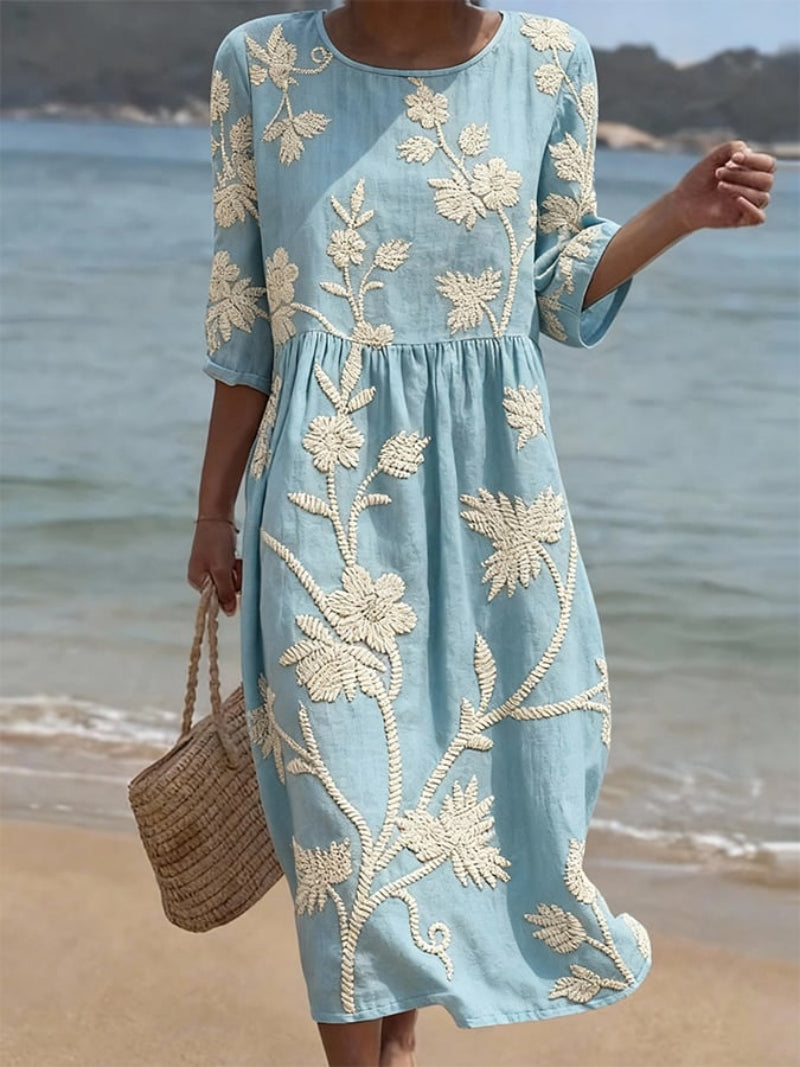 Vestito midi da donna con ricamo floreale, collo rotondo, comodo