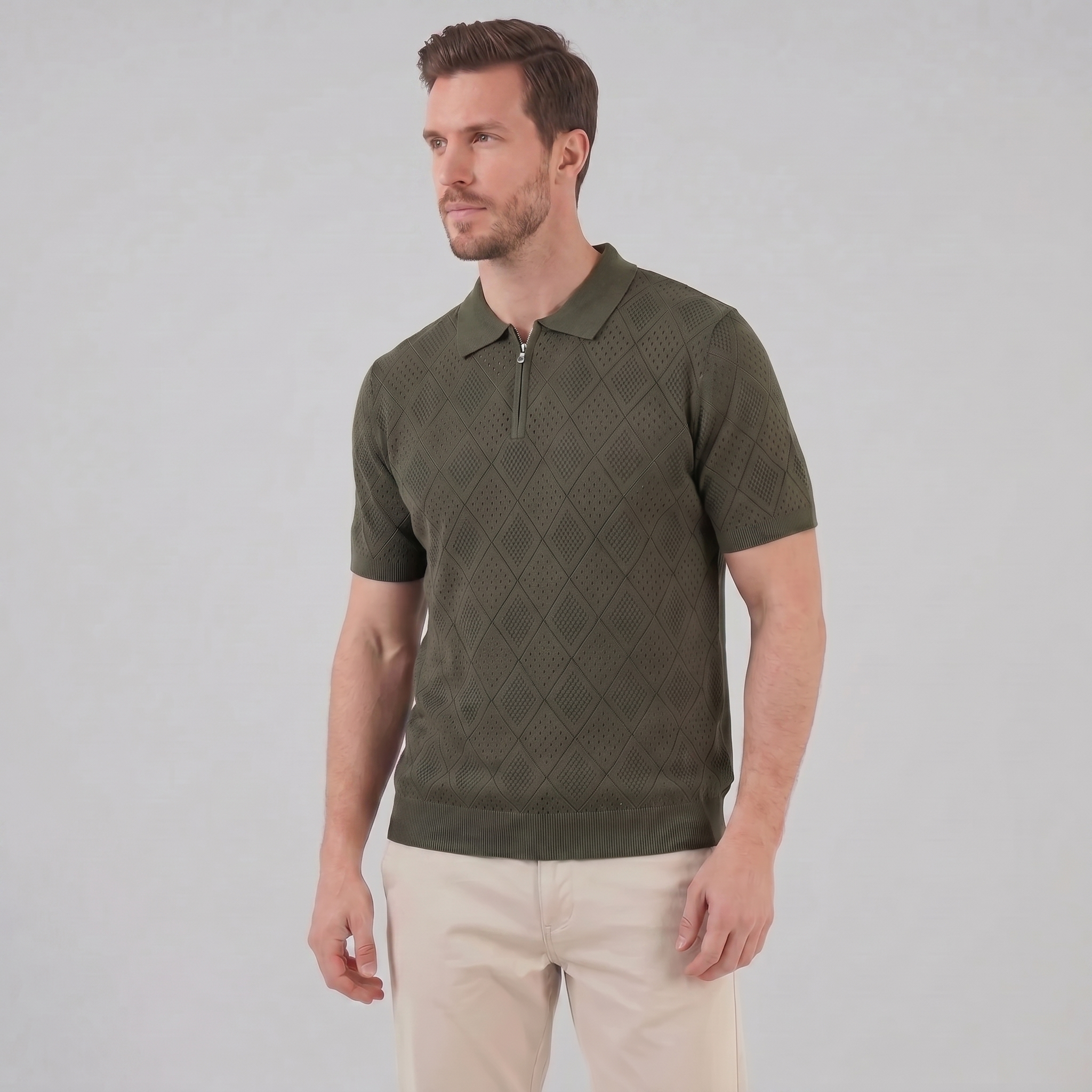 Tricou polo pentru bărbați cu fermoar și model perforat — vacanță
