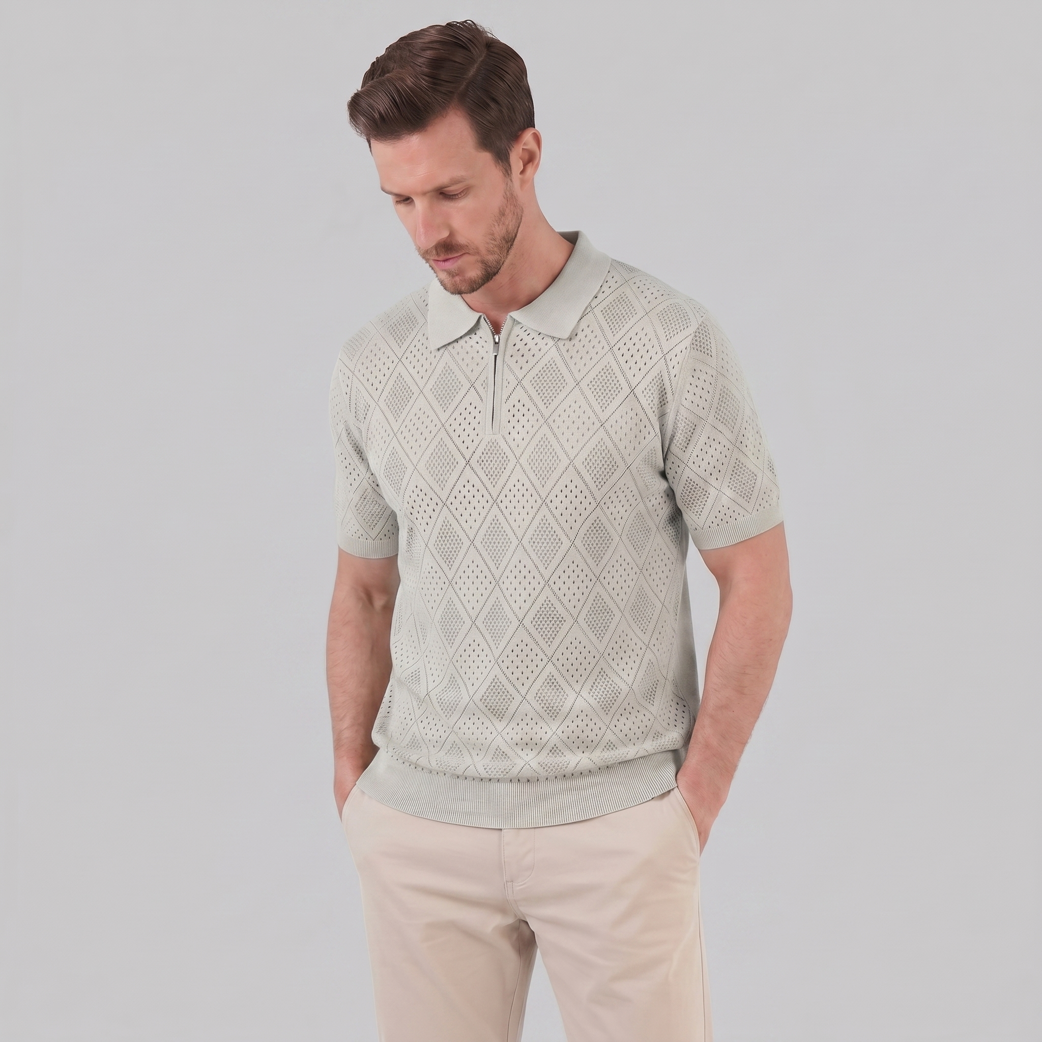 Tricou polo pentru bărbați cu fermoar și model perforat — vacanță