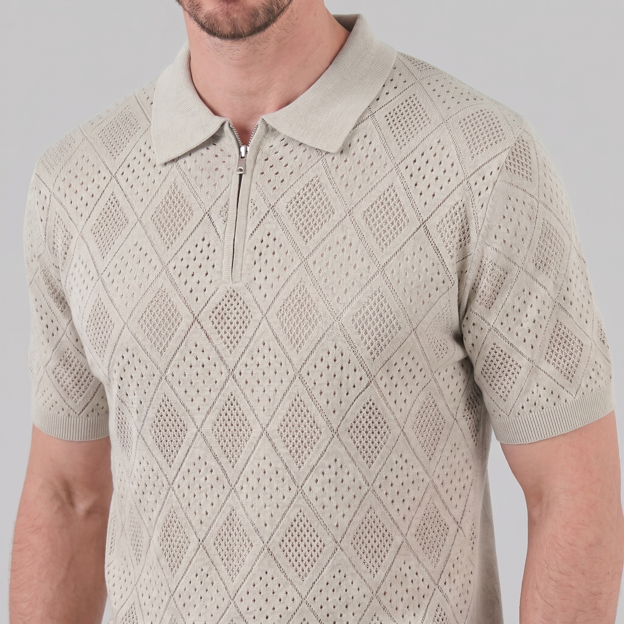 Tricou polo pentru bărbați cu fermoar și model perforat — vacanță