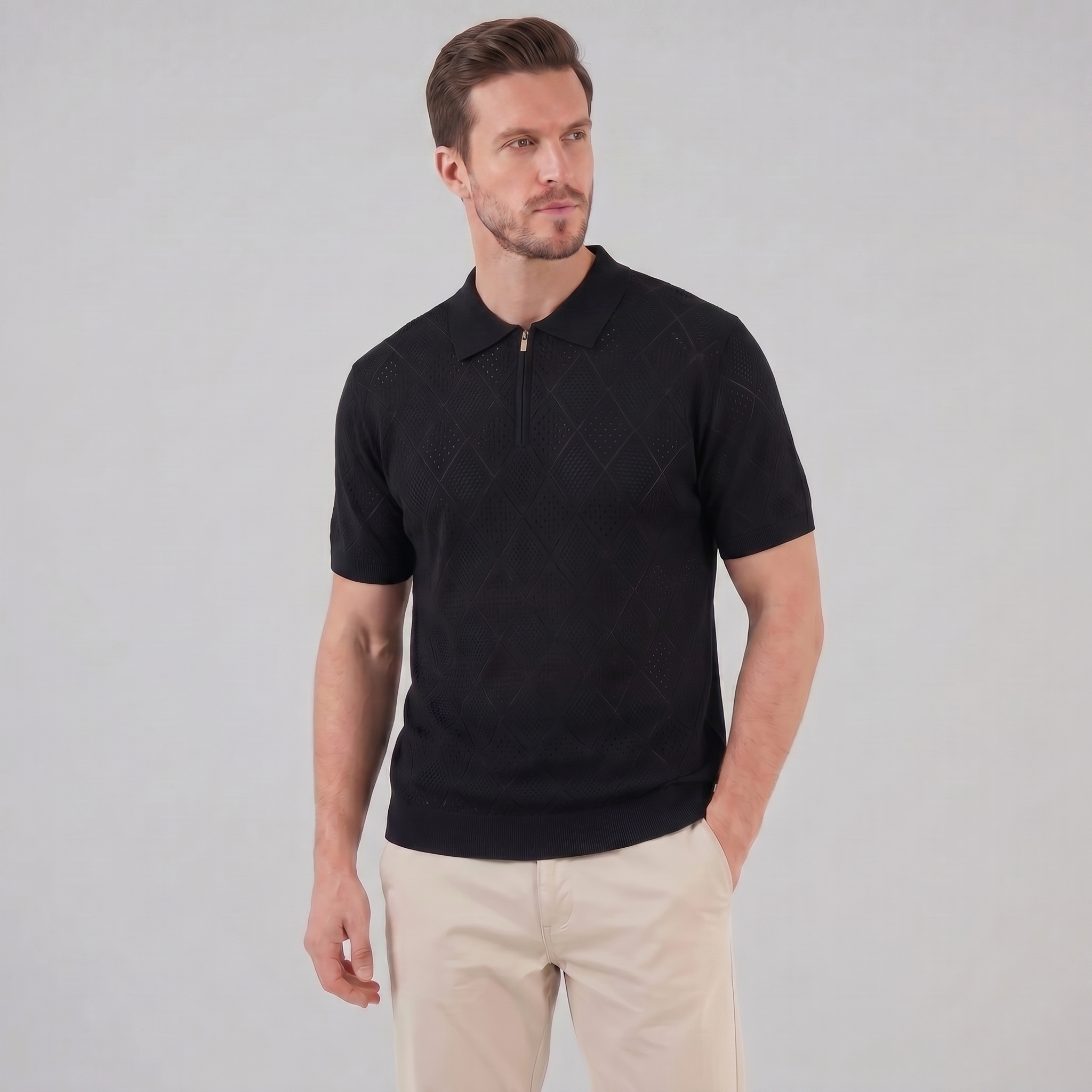 Tricou polo pentru bărbați cu fermoar și model perforat — vacanță