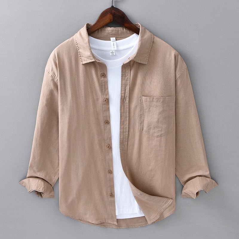 Camicia da Uomo in Cotone e Lino a Manica Lunga con Colletto a Risvolto e Bottoni