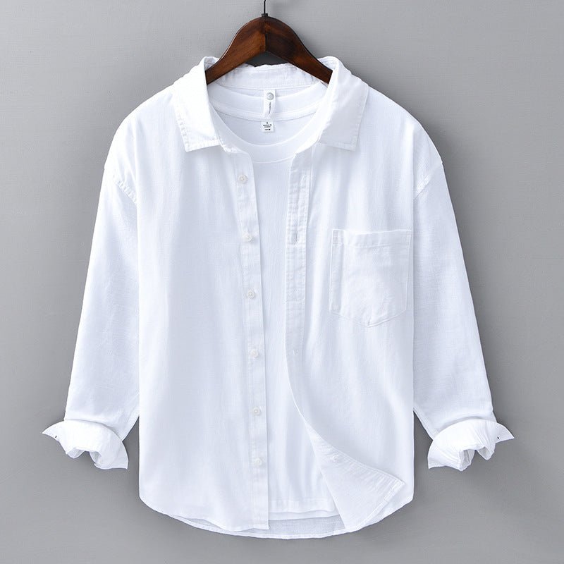 Camicia da Uomo in Cotone e Lino a Manica Lunga con Colletto a Risvolto e Bottoni