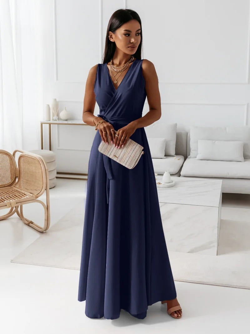 Wedding Guest Dress with V-Neck and Flowing Maxi Skirt for Women