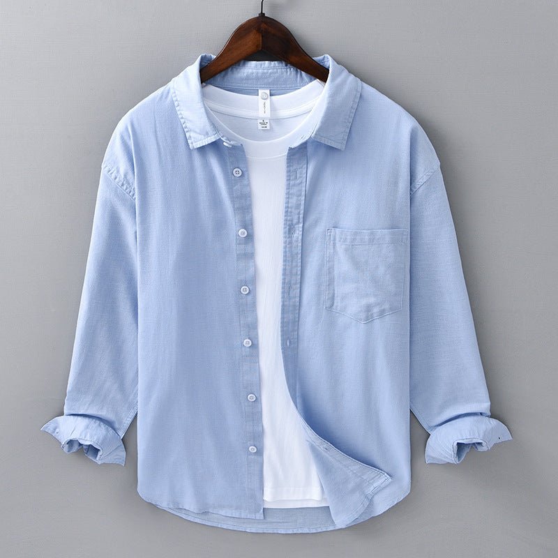Camicia da Uomo in Cotone e Lino a Manica Lunga con Colletto a Risvolto e Bottoni