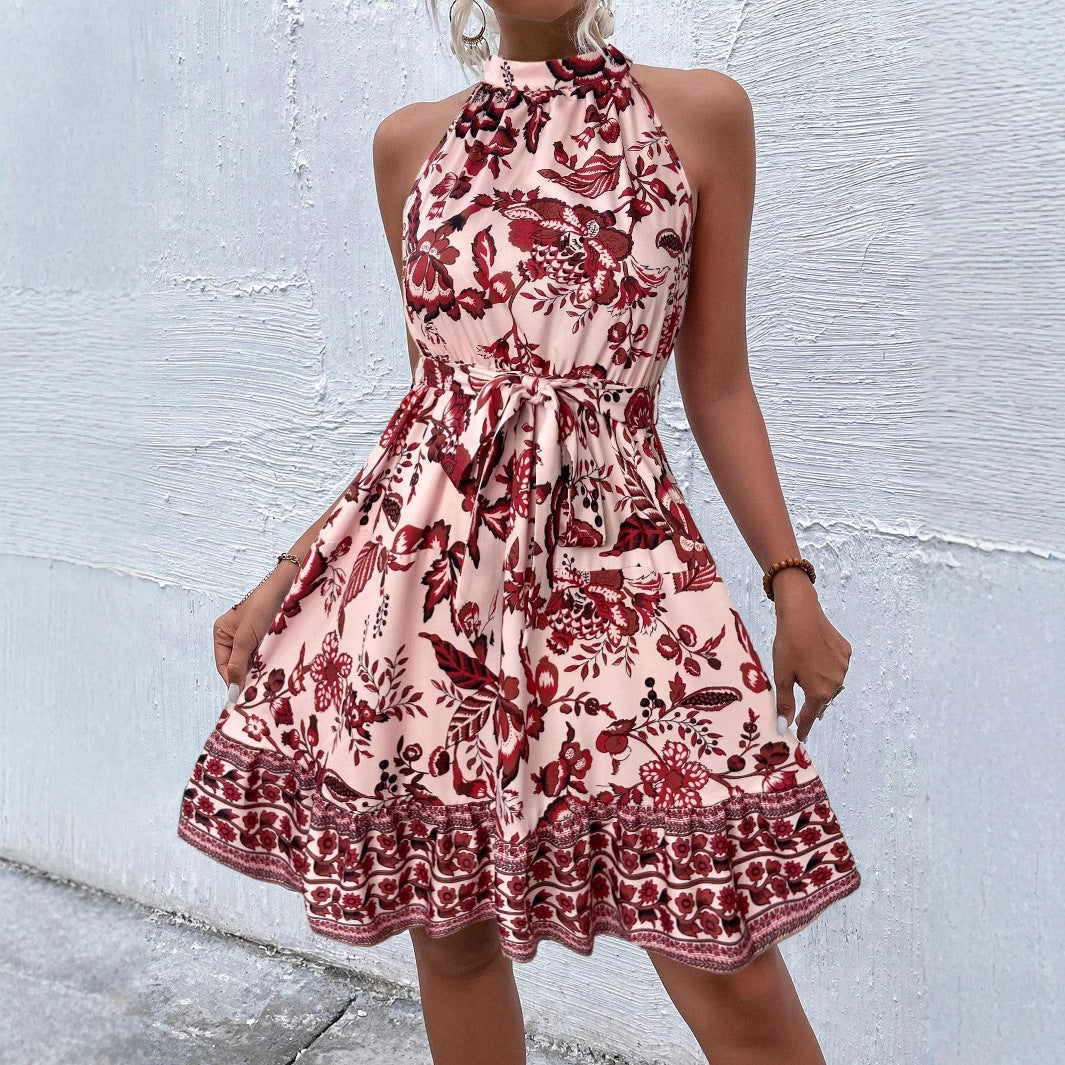 Robe à col halter à imprimé floral avec ceinture nouée et coupe trapèze pour femme