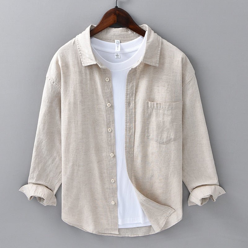 Camicia da Uomo in Cotone e Lino a Manica Lunga con Colletto a Risvolto e Bottoni
