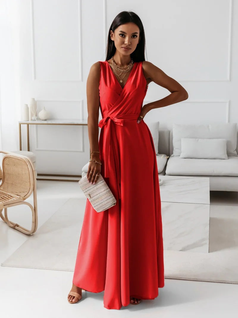 Wedding Guest Dress with V-Neck and Flowing Maxi Skirt for Women