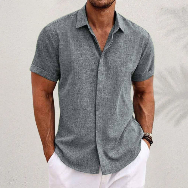 Men's Short Sleeve Linen Shirt with Collar and Buttons