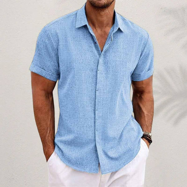 Men's Short Sleeve Linen Shirt with Collar and Buttons