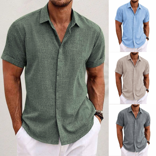 Men's Short Sleeve Linen Shirt with Collar and Buttons