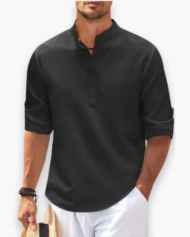 Camicia uomo collo alla coreana lino vestibilità ampia