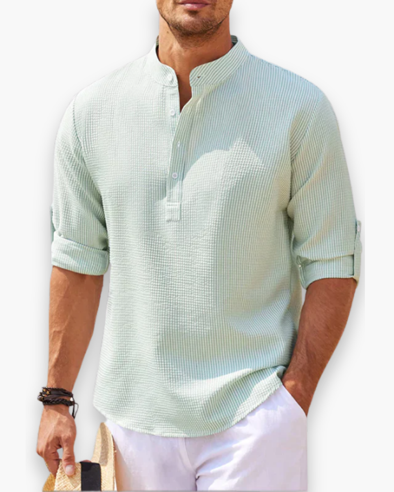 Camicia uomo collo alla coreana lino vestibilità ampia
