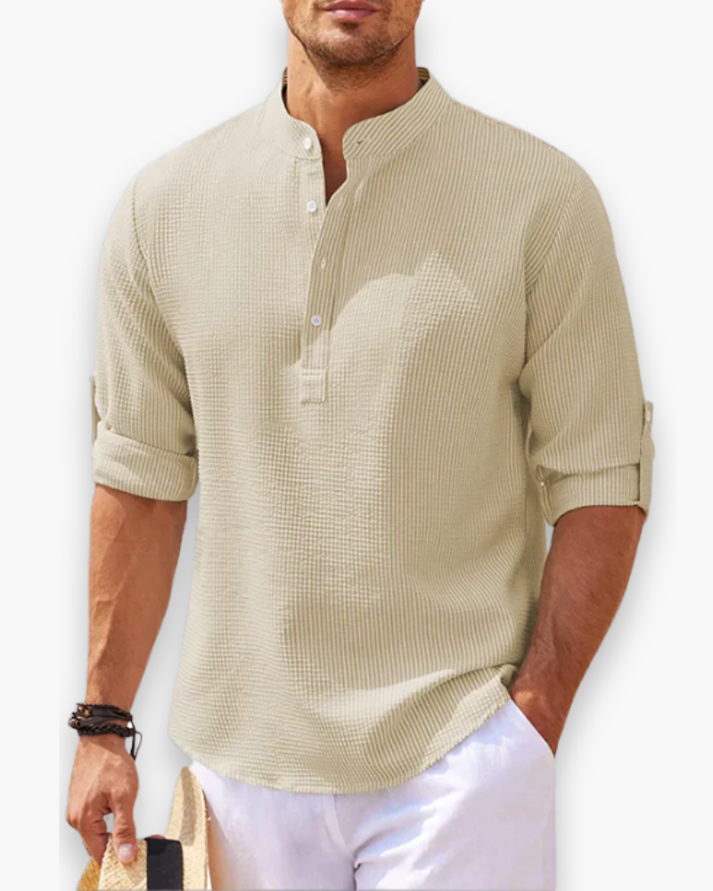 Camicia uomo collo alla coreana lino vestibilità ampia