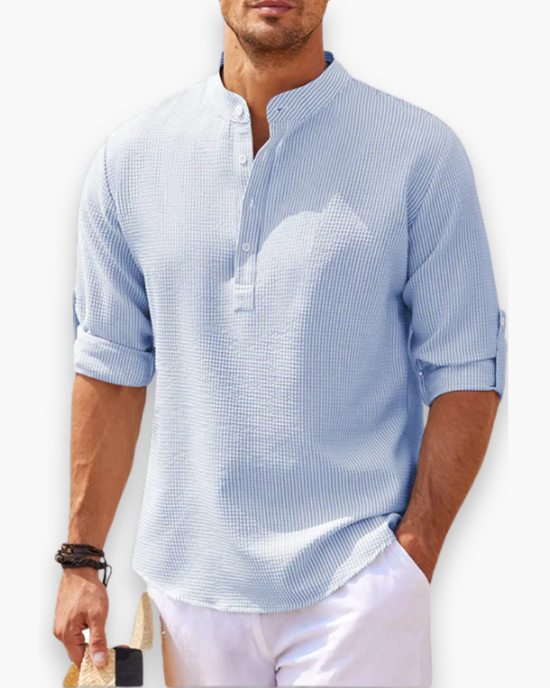Camicia uomo collo alla coreana lino vestibilità ampia