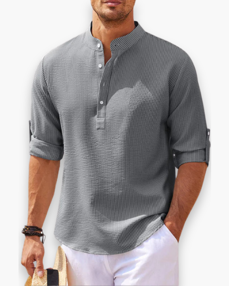 Camicia uomo collo alla coreana lino vestibilità ampia