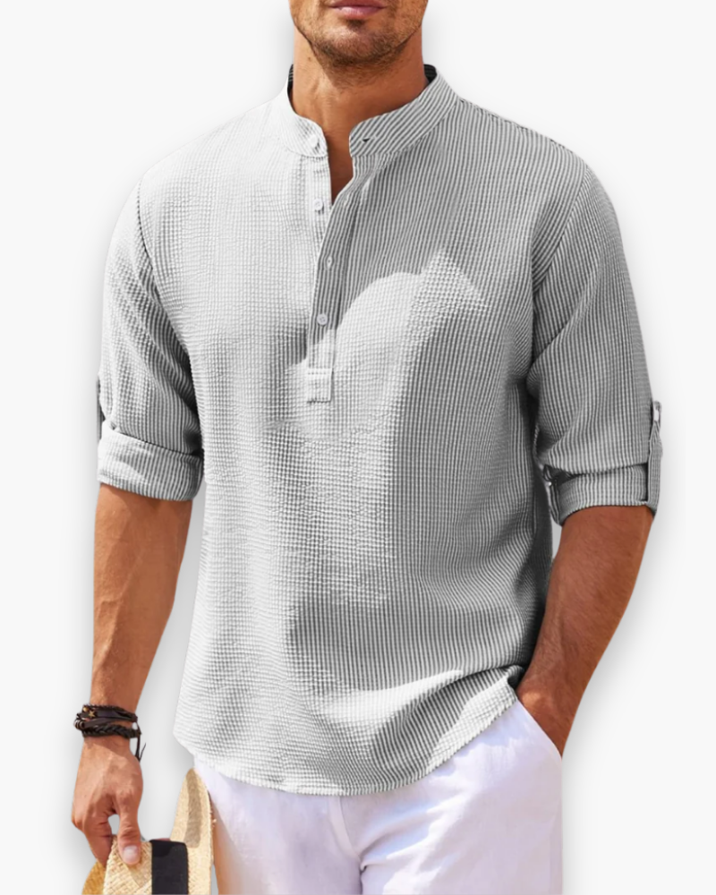 Camicia uomo collo alla coreana lino vestibilità ampia