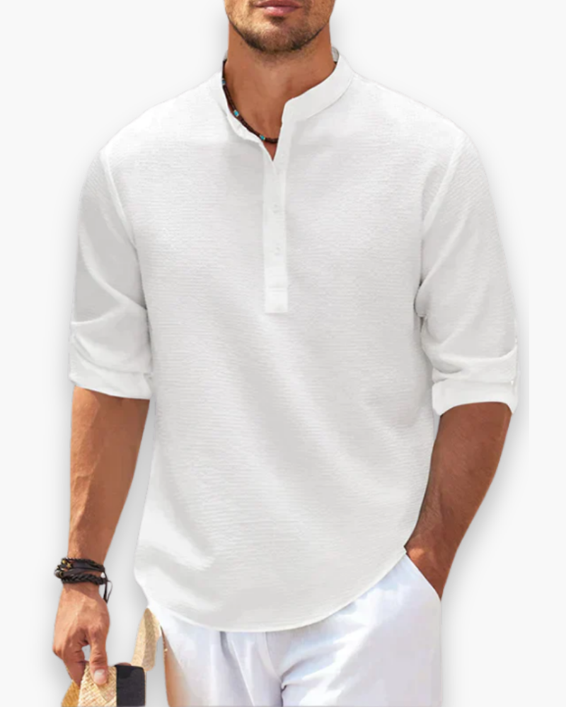 Camicia uomo collo alla coreana lino vestibilità ampia