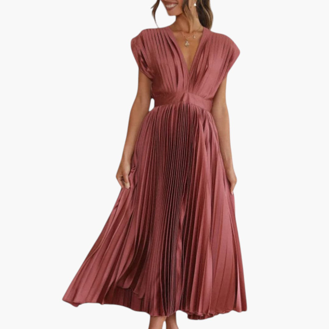 Vestido Midi de Mujer con Cuello en V y Falda Plisada con Vuelo