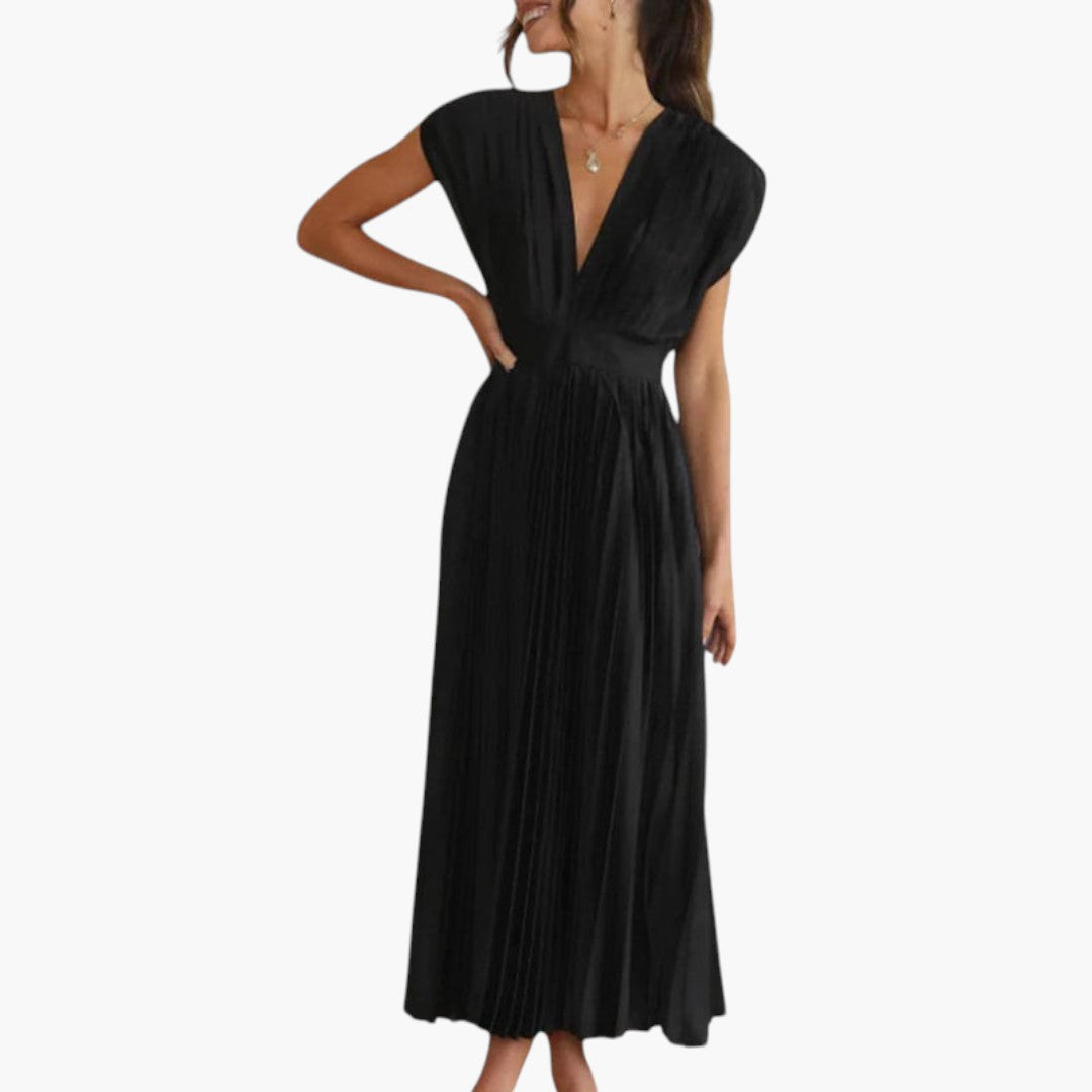 Vestido Midi de Mujer con Cuello en V y Falda Plisada con Vuelo