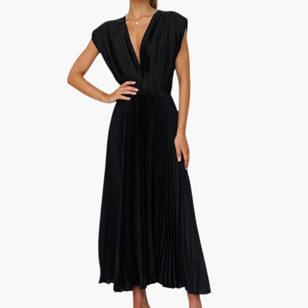 Vestido Midi de Mujer con Cuello en V y Falda Plisada con Vuelo