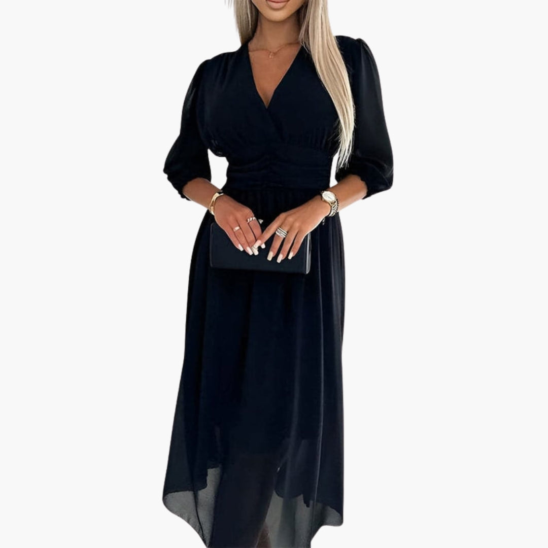 Chiffon Midi Dress with V-Neck and Three-Quarter Sleeves for Women