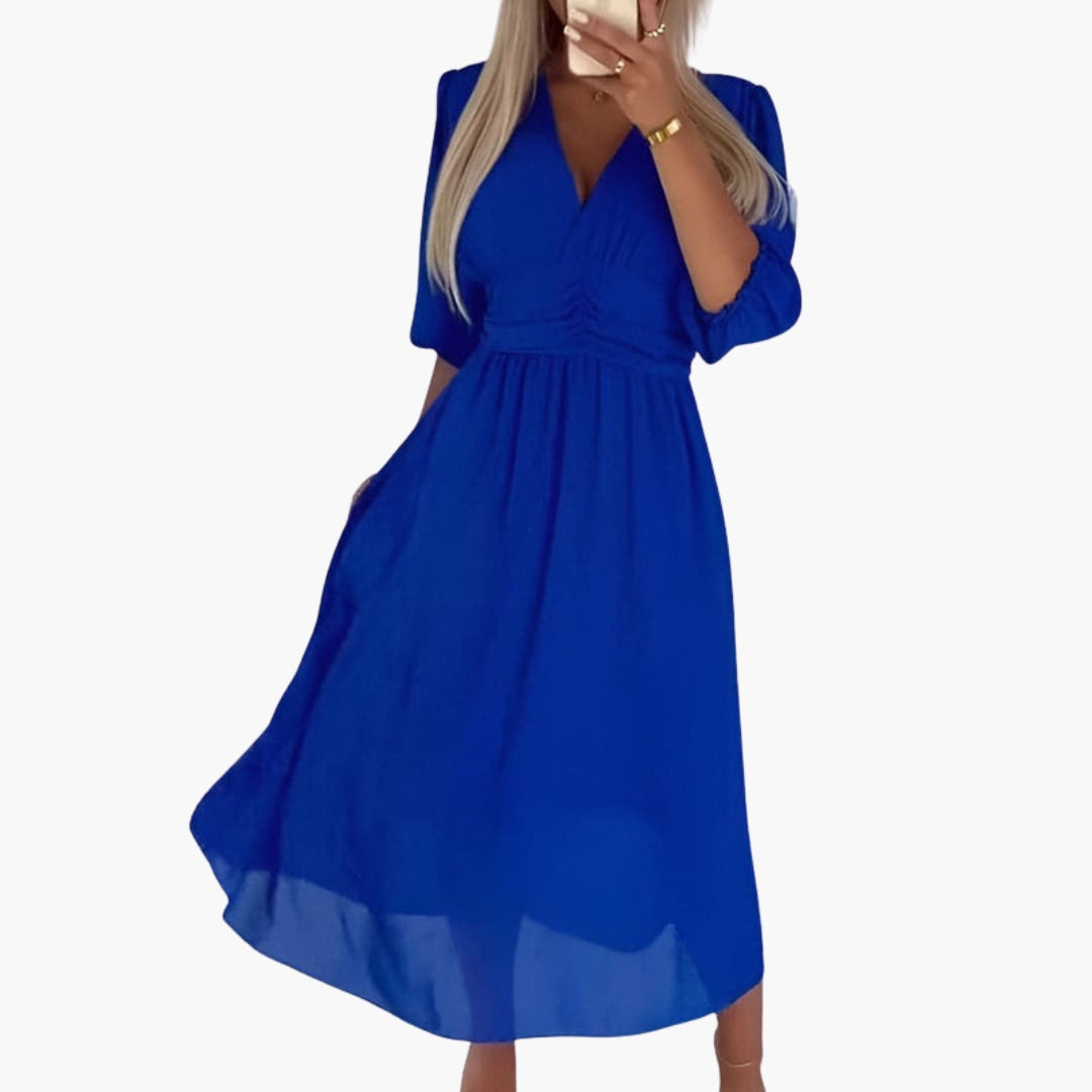 Vestido Midi de Gasa con Cuello en V y Manga Tres Cuartos para Mujer