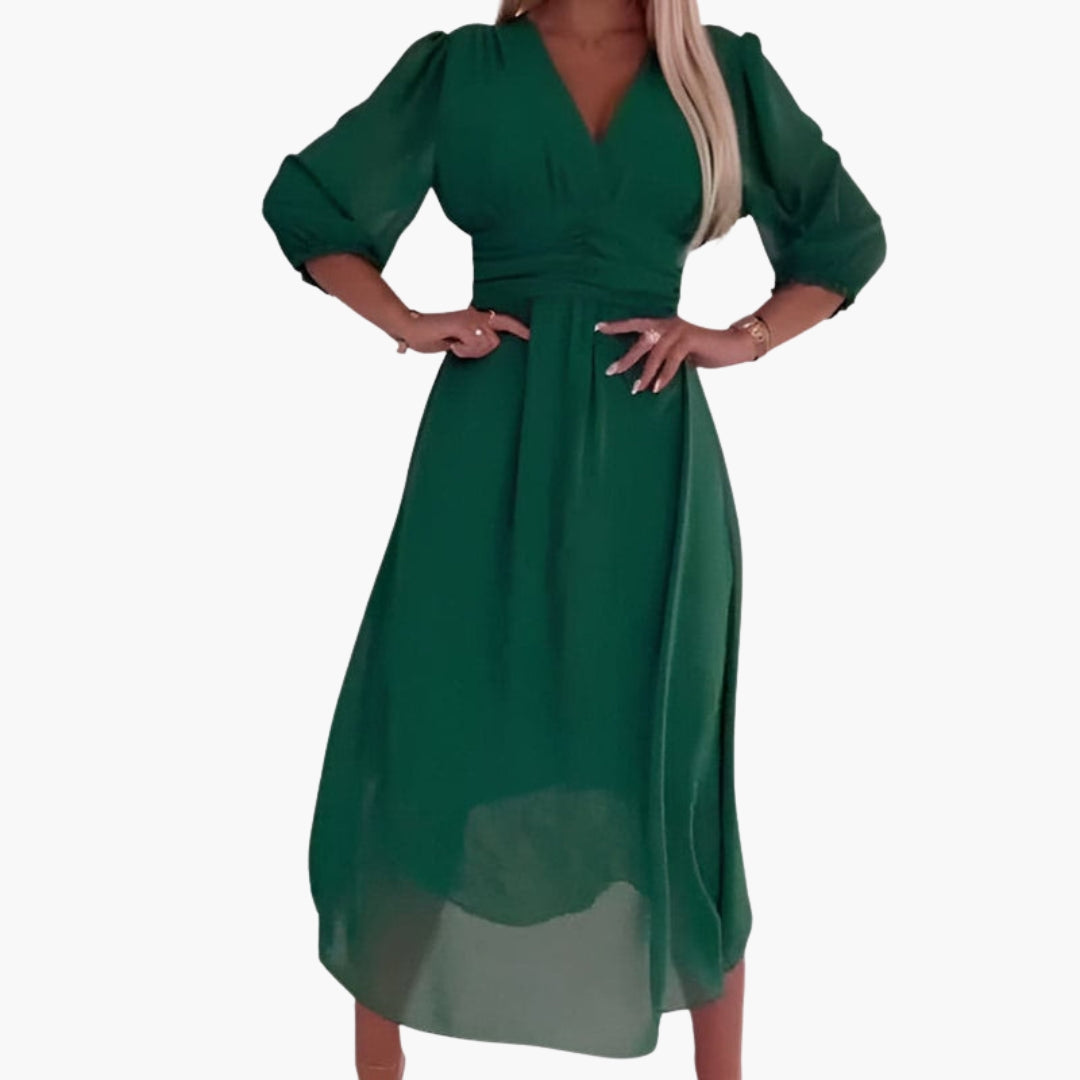 Chiffon Midi Dress with V-Neck and Three-Quarter Sleeves for Women