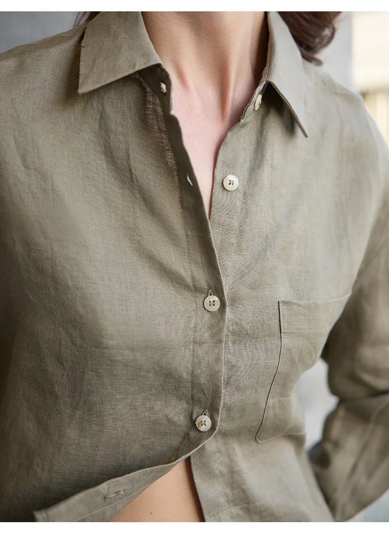 Sobrecamisa de Lino Corta para Mujer de Corte Oversize con Cuello en V y Botones