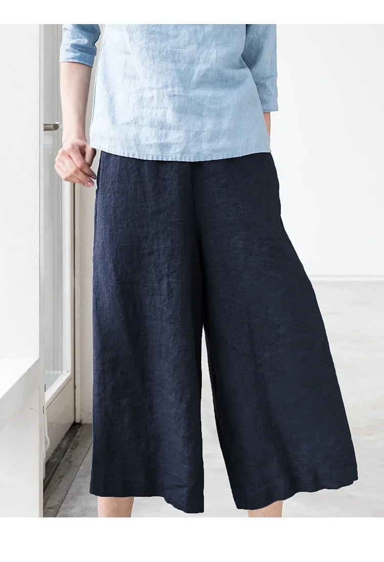 Pantalones de Lino para Mujer de Pierna Ancha con Cintura Elástica y Corte al Tobillo