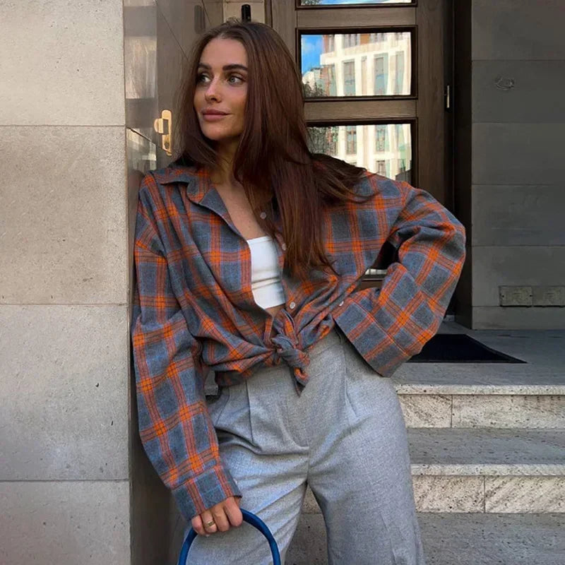 Γυναικείο flannel πουκάμισο με καρό, μακρύ μανίκι, κουμπιά και τσέπες