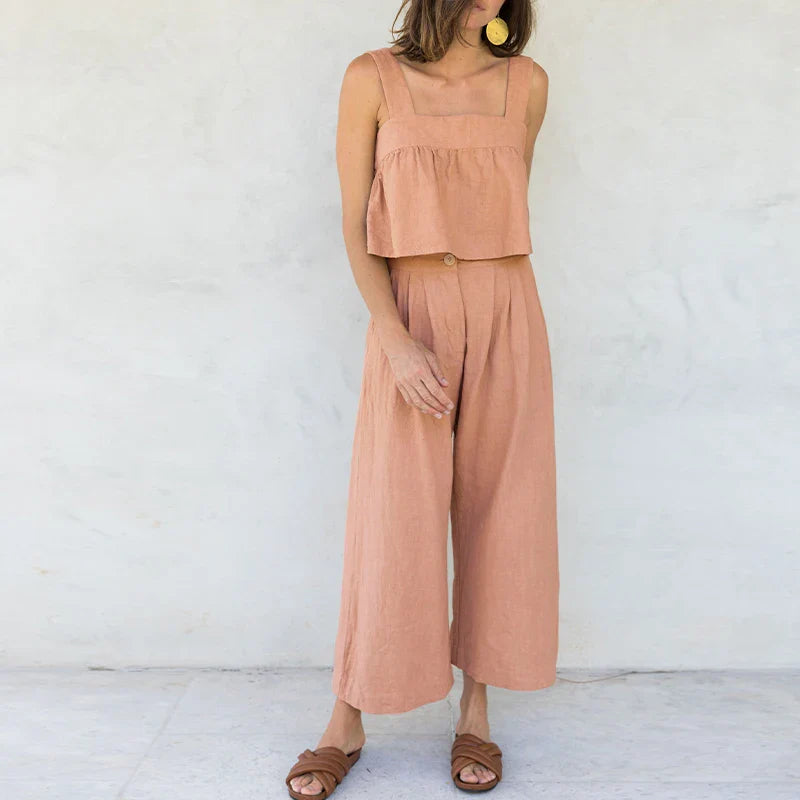 Culotte di lino da donna con vita alta e pieghe frontali