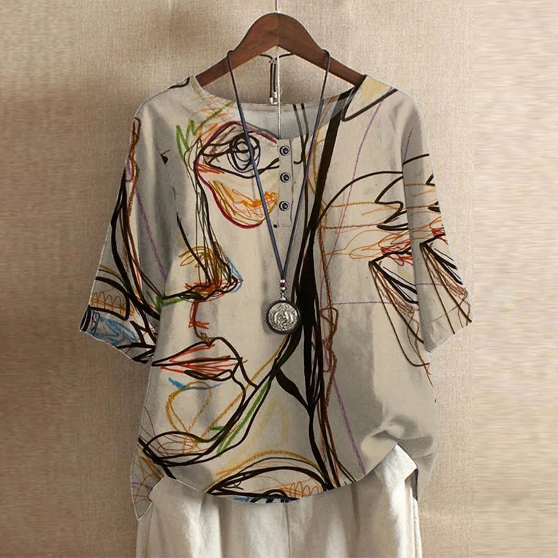 Blusa stampata in stile retrò con collo rotondo e bottoni per donna