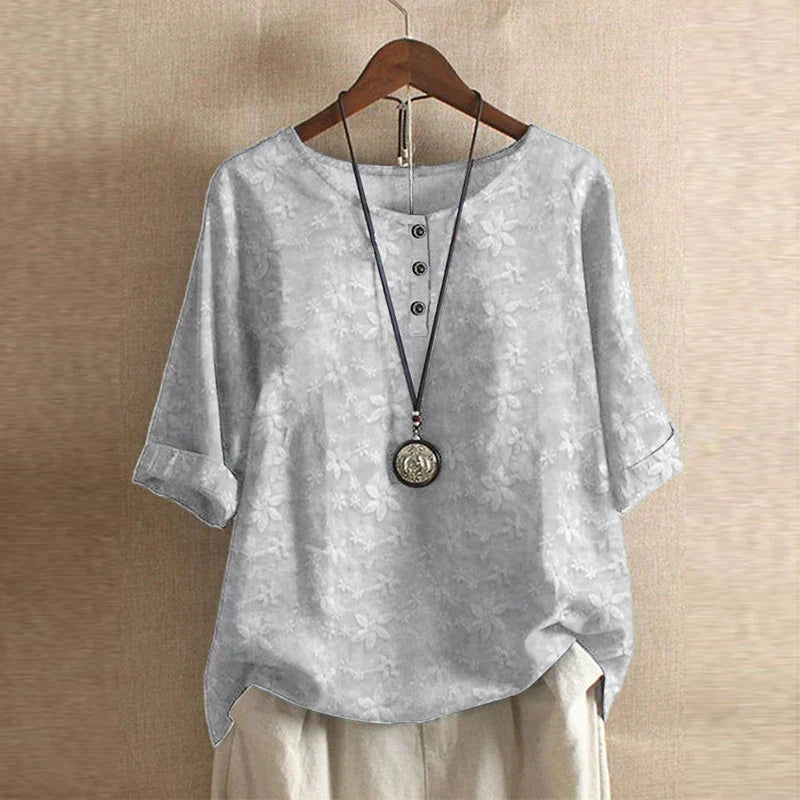 Blusa stampata in stile retrò con collo rotondo e bottoni per donna