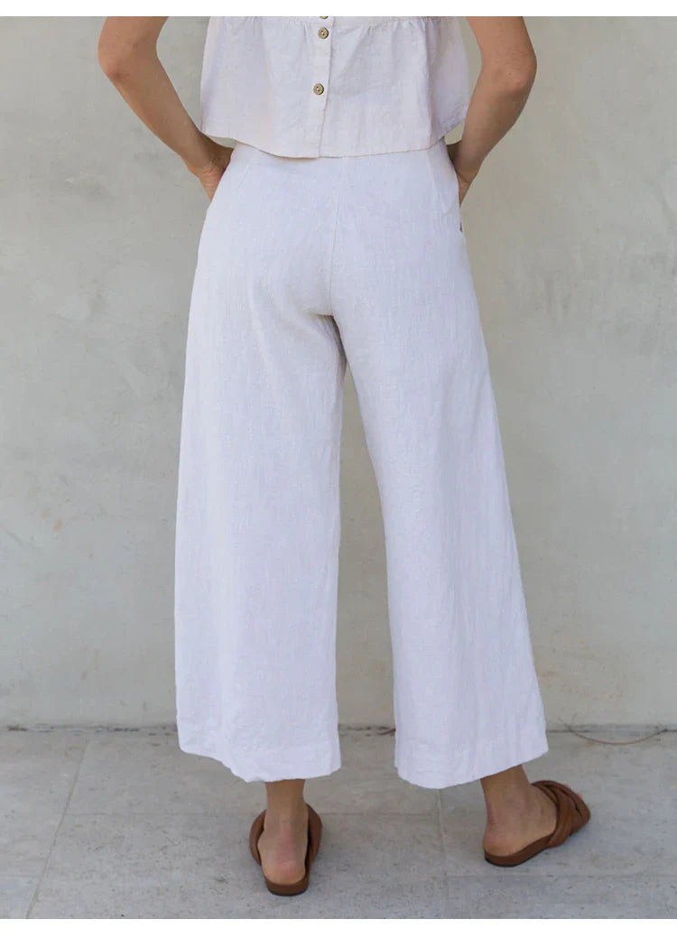 Culotte di lino da donna con vita alta e pieghe frontali
