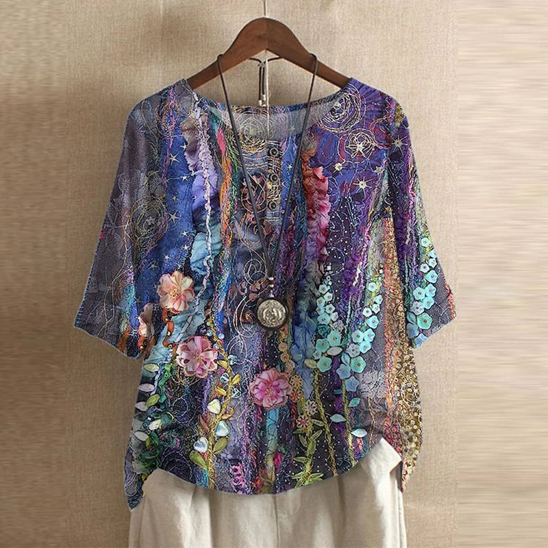 Blusa stampata in stile retrò con collo rotondo e bottoni per donna