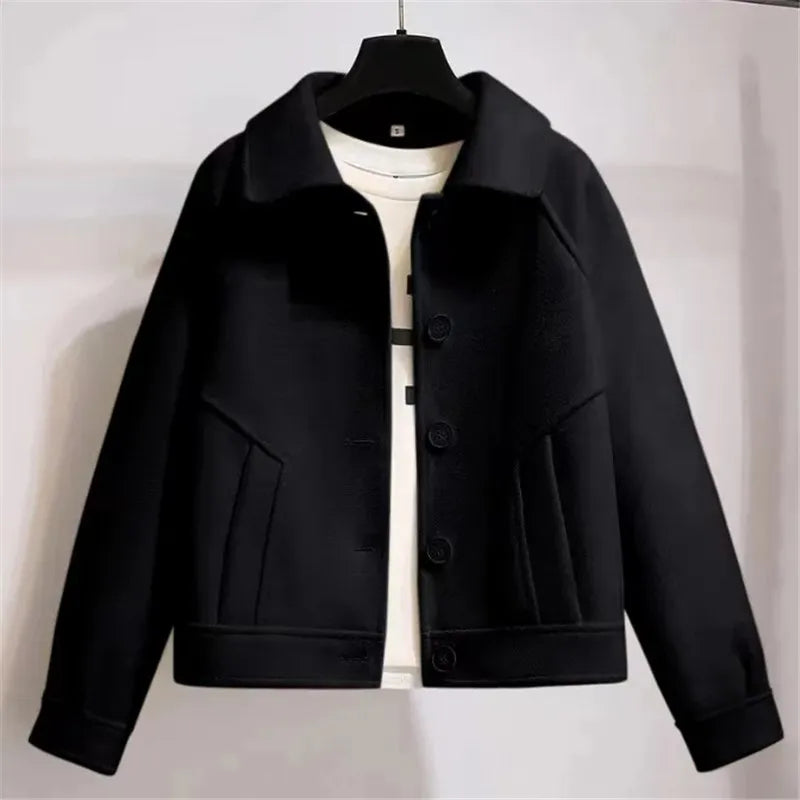 Wool Blend Jacket with Buttons and Shirt Collar for Women