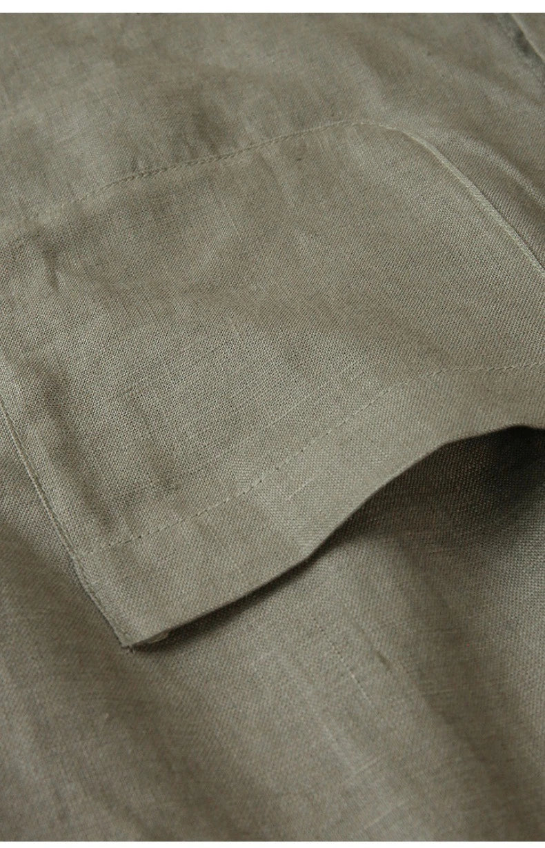 Sobrecamisa de Lino Corta para Mujer de Corte Oversize con Cuello en V y Botones