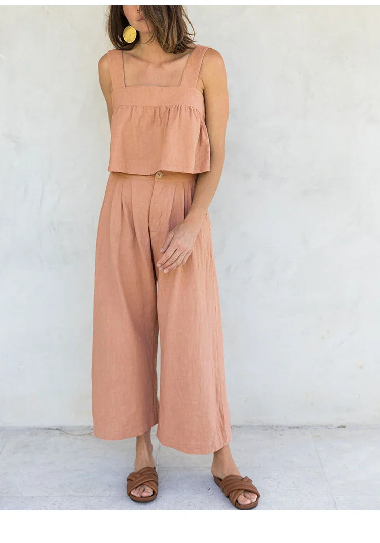 Culotte di lino da donna con vita alta e pieghe frontali