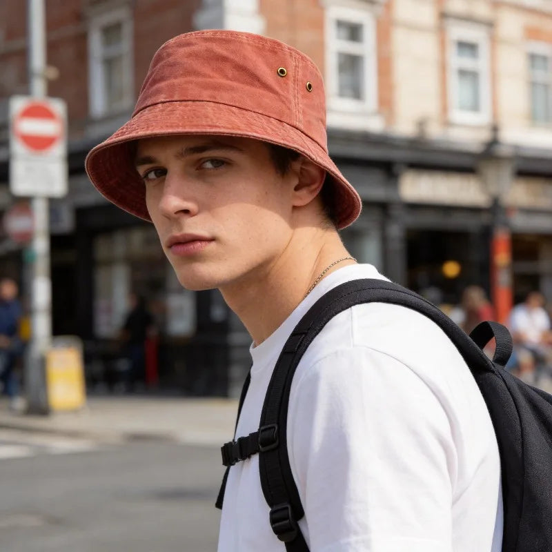Unisex bavlněný vypraný rybářský klobouk na slunce, neformální bucket hat