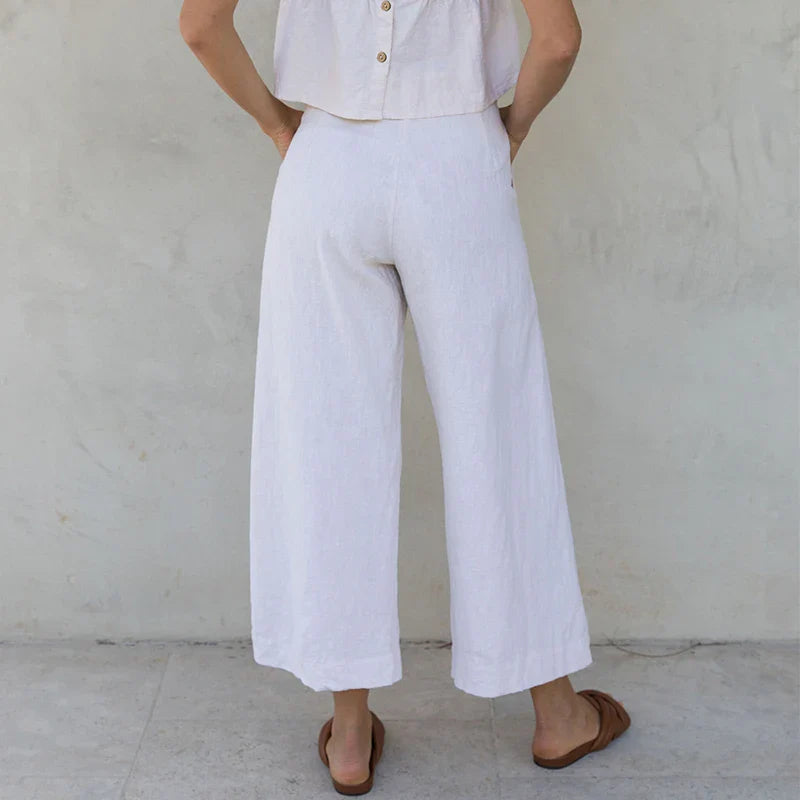 Culotte di lino da donna con vita alta e pieghe frontali