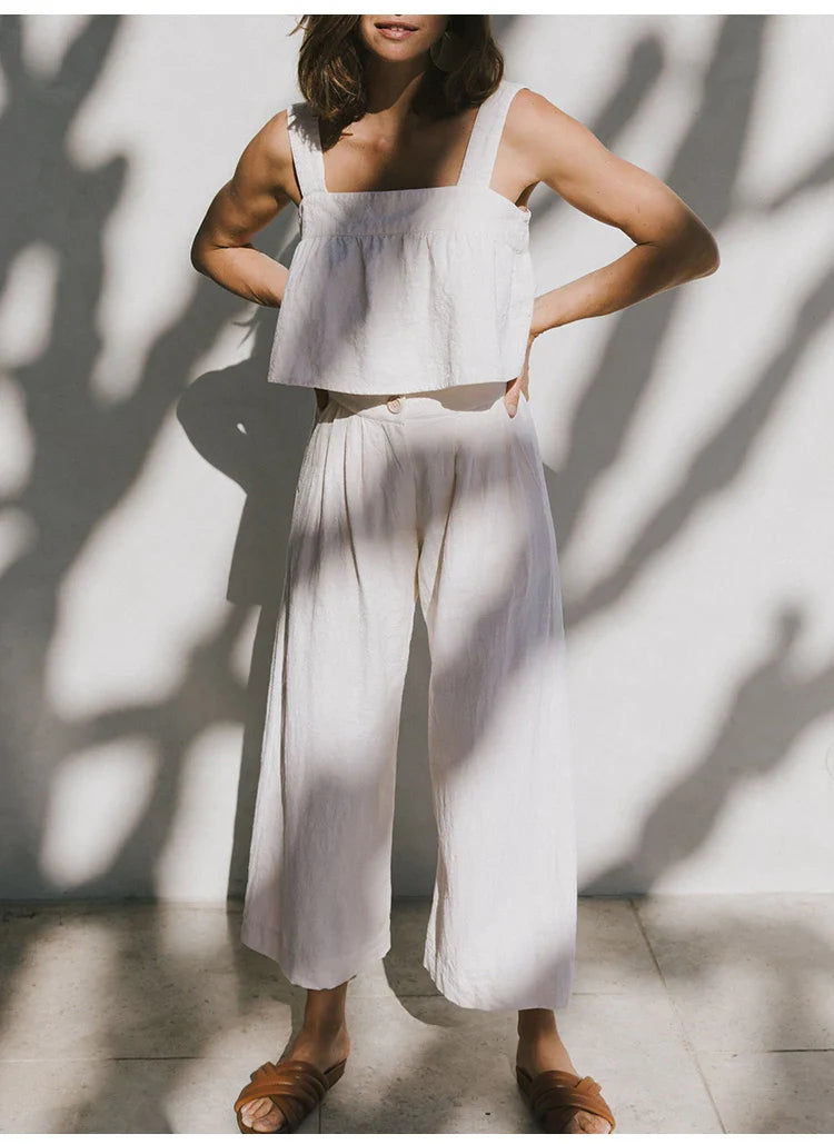 Culotte di lino da donna con vita alta e pieghe frontali