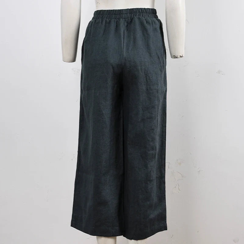 Pantalones de Lino para Mujer de Pierna Ancha con Cintura Elástica y Corte al Tobillo