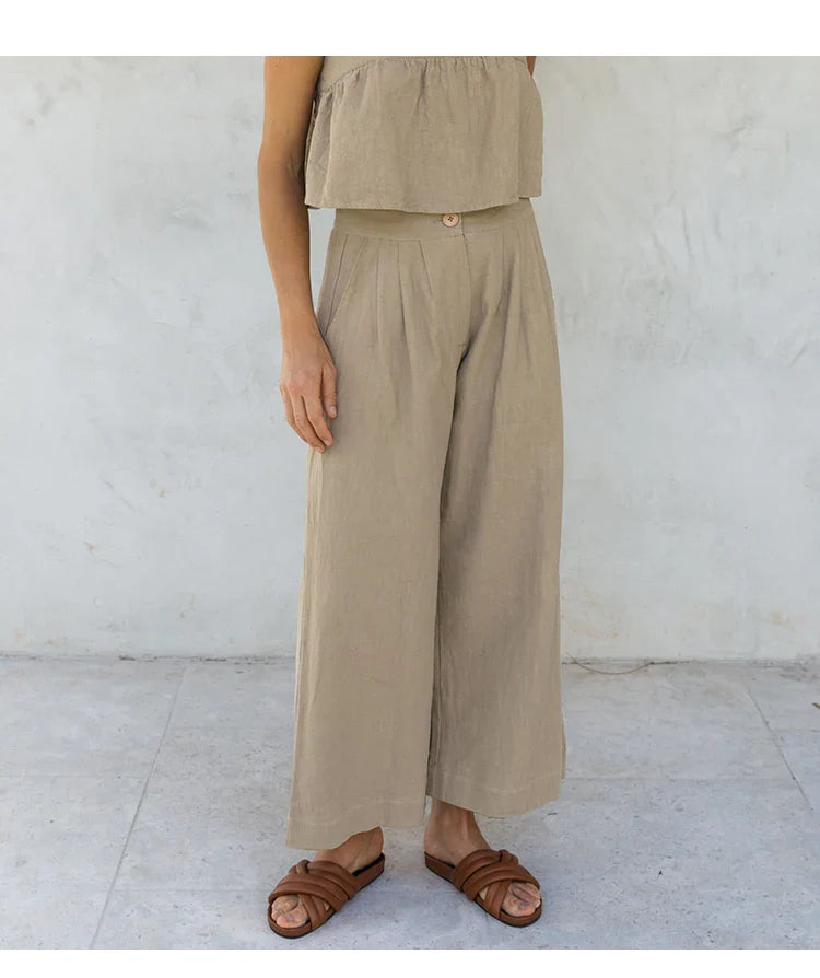 Culotte di lino da donna con vita alta e pieghe frontali