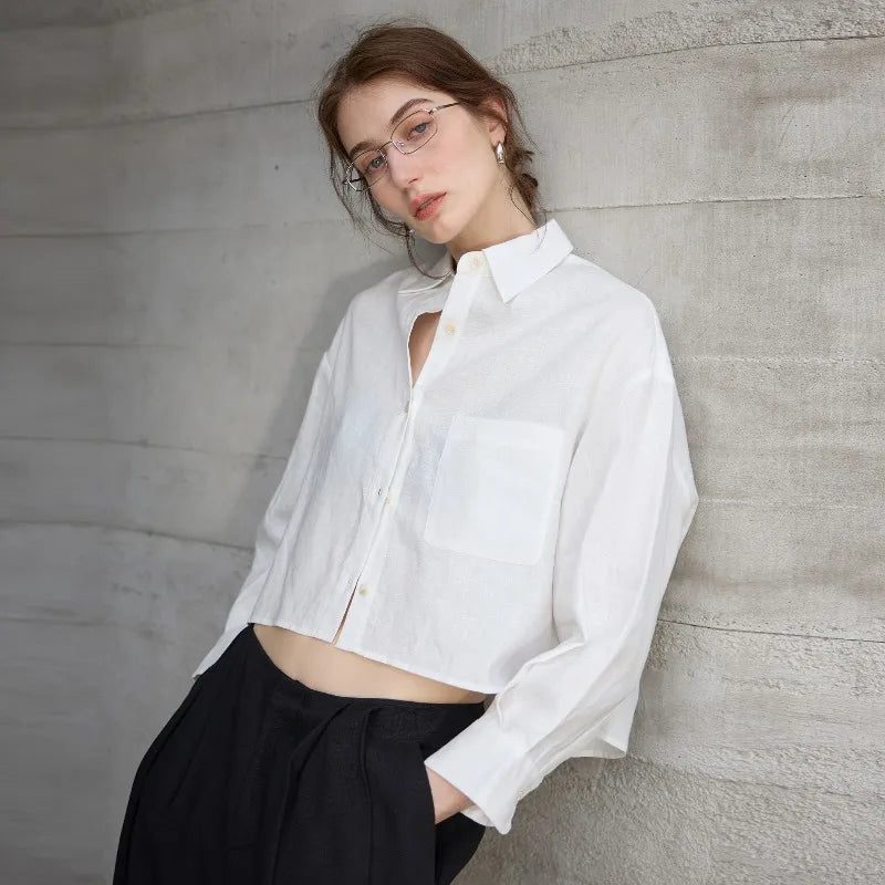 Sobrecamisa de Lino Corta para Mujer de Corte Oversize con Cuello en V y Botones
