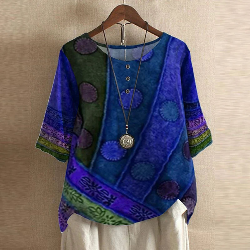 Blusa stampata in stile retrò con collo rotondo e bottoni per donna