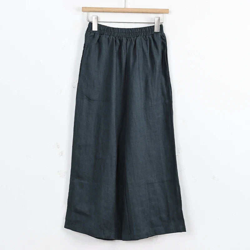 Pantalones de Lino para Mujer de Pierna Ancha con Cintura Elástica y Corte al Tobillo